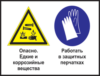 Кз 64 опасно - едкие и коррозийные вещества. работать в защитных перчатках. (пластик, 400х300 мм) - Знаки безопасности - Комбинированные знаки безопасности - Магазин охраны труда ohranatruda-shop.ru